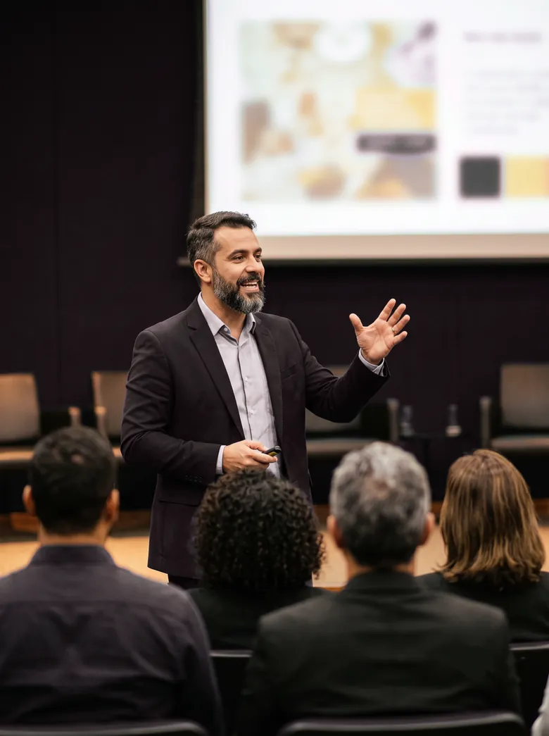 Formador gesticula durante palestra para plateia de profissionais da educação em auditório