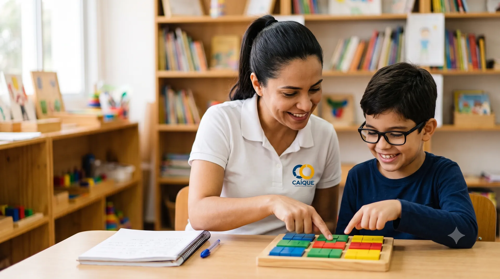 Profissional de apoio sorri com menino de óculos durante atividade com blocos coloridos em sala inclusiva